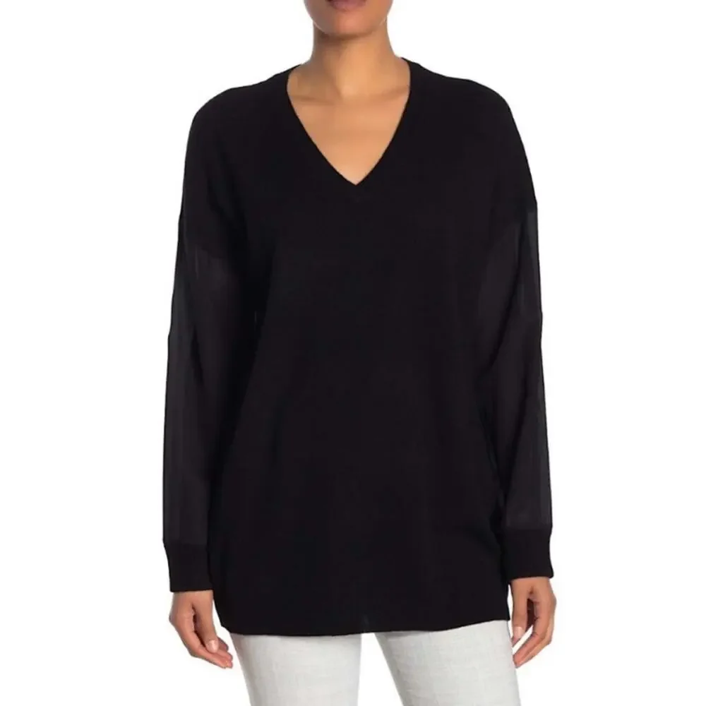 Magaschoni | Cashmere Silk Mixed Media V-neck Sweater Pullover Casual Black XL - Picture 1 of 8